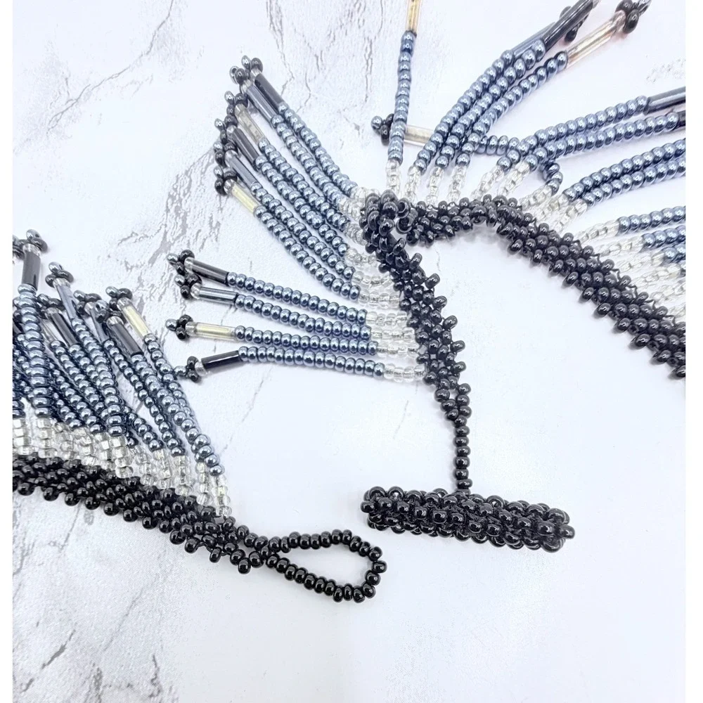 Black Blue Glass Beaded Fringe Bib Statement Necklace 19 Inch Toggle